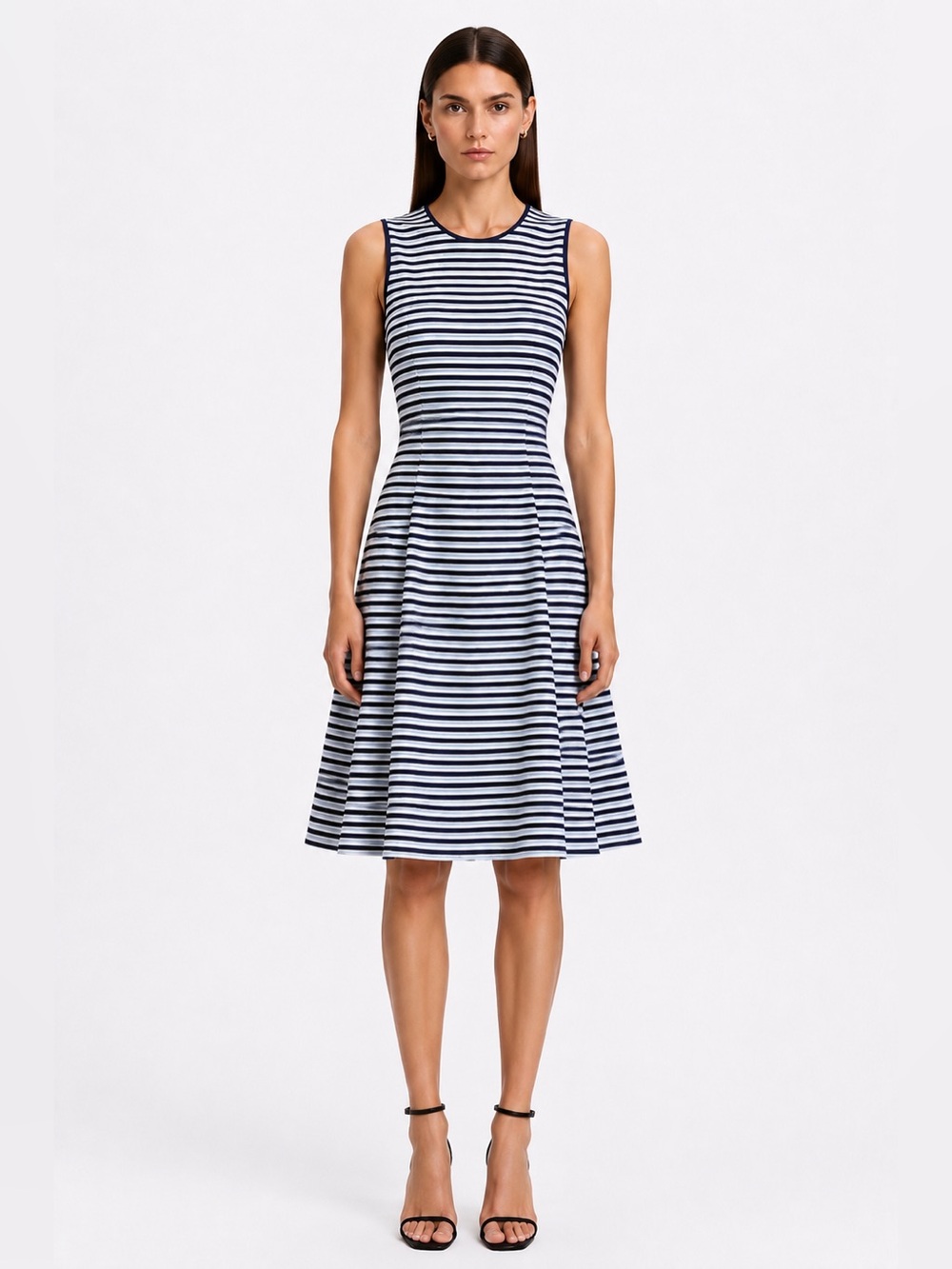 AKRIS punto blue and white striped stretch fit and flare dress 10
